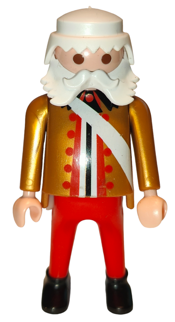 Playmobil Old King, gold shirt with white sash, red pants, big belly, white mustache 7773