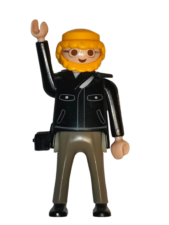 Playmobil 3985 Policeman, blond hair and beard, glasses, black jacket, dark grey pants