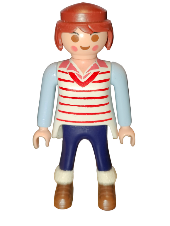Playmobil 30 14 2312 female white shirt, red stripes, blue snow pants