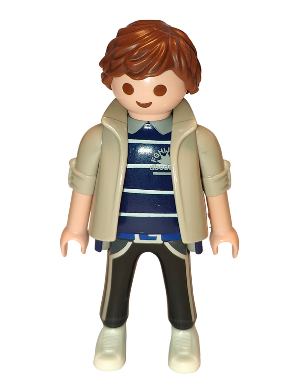 Playmobil Father, brown hair, grey jacket over blue striped shirt 6530