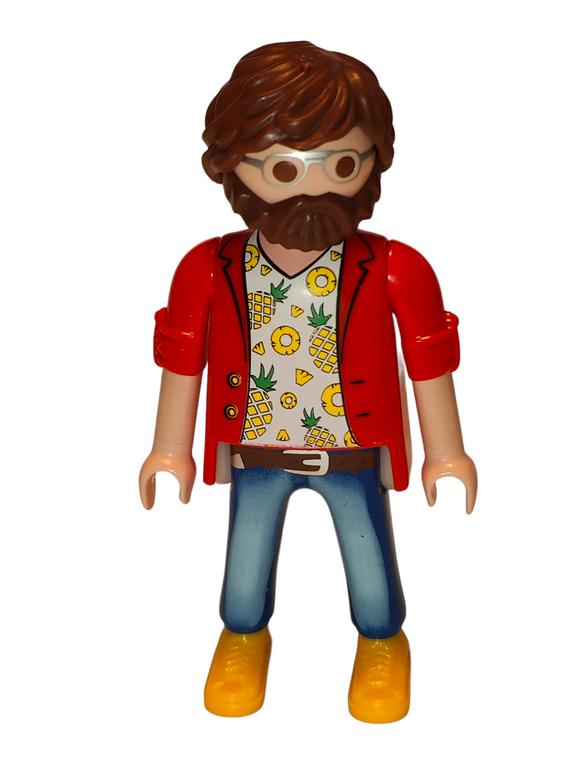 Playmobil modern male with red shirt a intricate pineapple t-shirt, and blue jeams