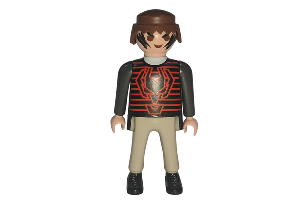 Playmobil 30 00 6633 Criminal, male, brown hair, grey clothes, red striped design on shirt 6879