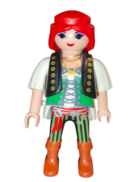 Playmobil 30 14 3232 Pirate lady, long brown braid, black vest over green/white shirt 70411
