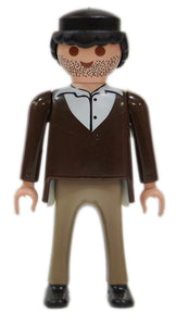 Playmobil 30 00 0424 Hotdog vendor, male, black hair, brown sweater over collared shirt 9222
