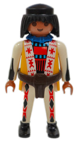 Playmobil 30 00 0673 Native man, black hair, white suit with yellow/red decorations, brown belt 5247