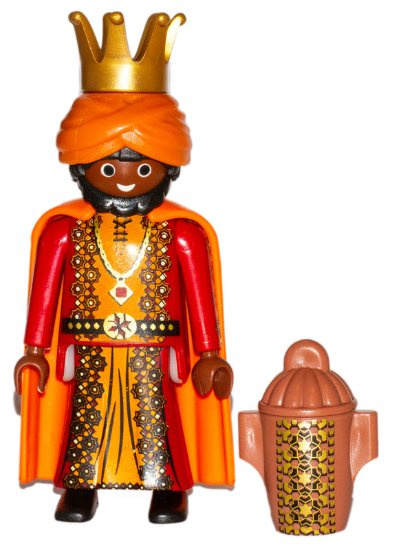 Playmobil 9497 Wise King 30 00 2884 black hair and beard, brown skin, red/gold robes and 30 08 8602 & 30 64 7045 Canopic Jar
