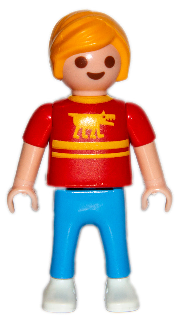 Playmobil 30 10 2550 child boy with shaggy blond hair, red shirt with blue pants and white shoes