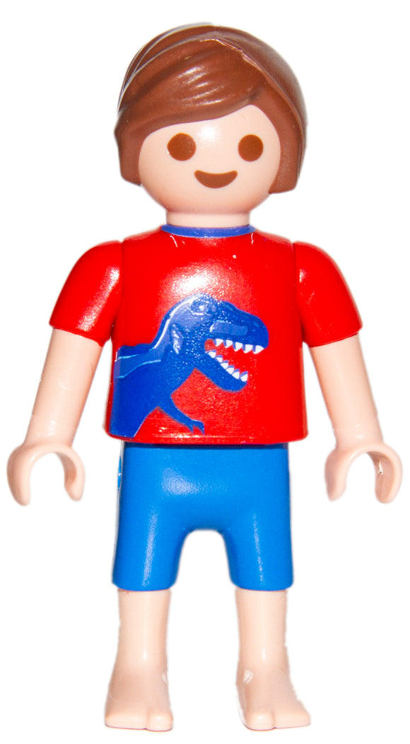Playmobil 30 10 3500 child boy Patient, brown hair, red shirt with dinosaur, bare feet 6659