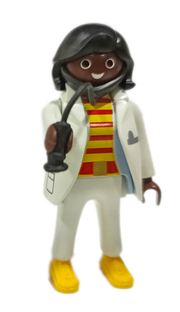 Playmobil 30 14 9810 Doctor, female, short black hair, brown skin, white jacket over striped shirt 9110