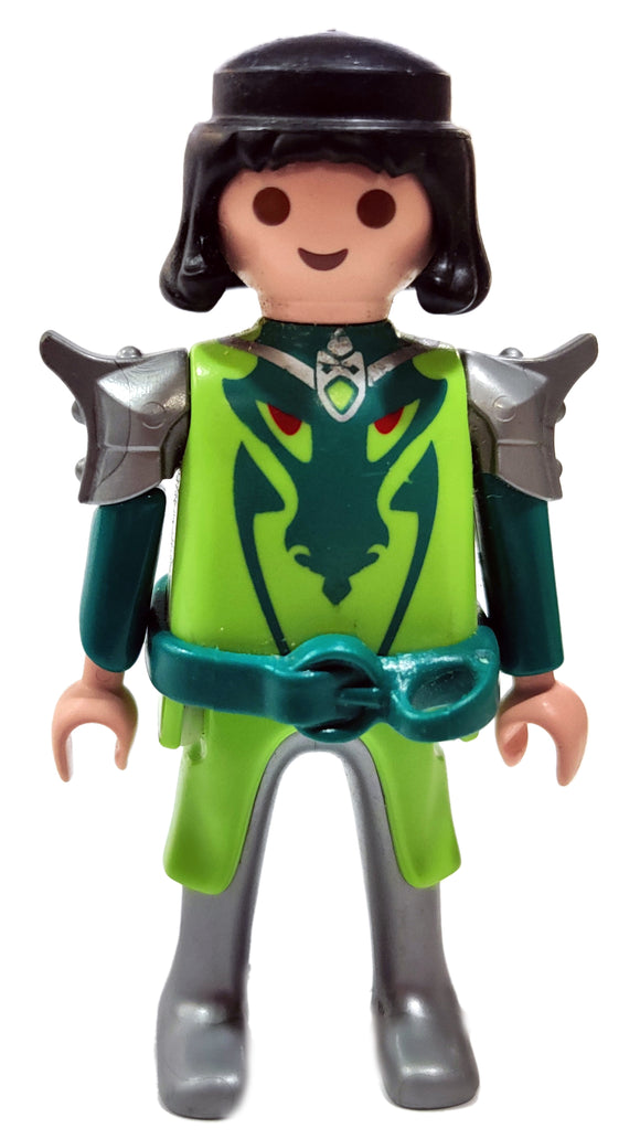 Playmobil 4912 Green Dragon Knight, black hair, armoured shoulders