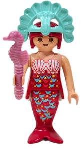 Playmobil 5204 Mermaid, short dark pink hair, dark pink body and tail, blue scales; 30 03 2243 light pink seahorse Scepter