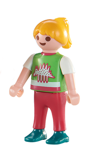 Playmobil 6530 Child Girl, blonde ponytail, green shirt with dinosaur print