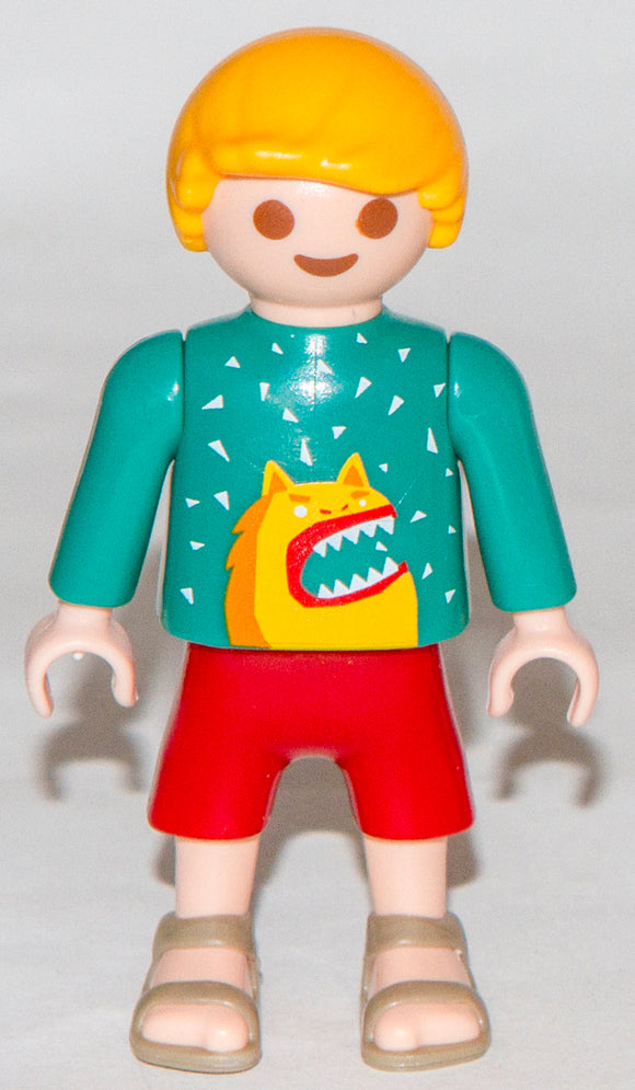 Playmobil Child Kid Boy yellow blonde hair Green Monster Dinosaur shirt TAZ